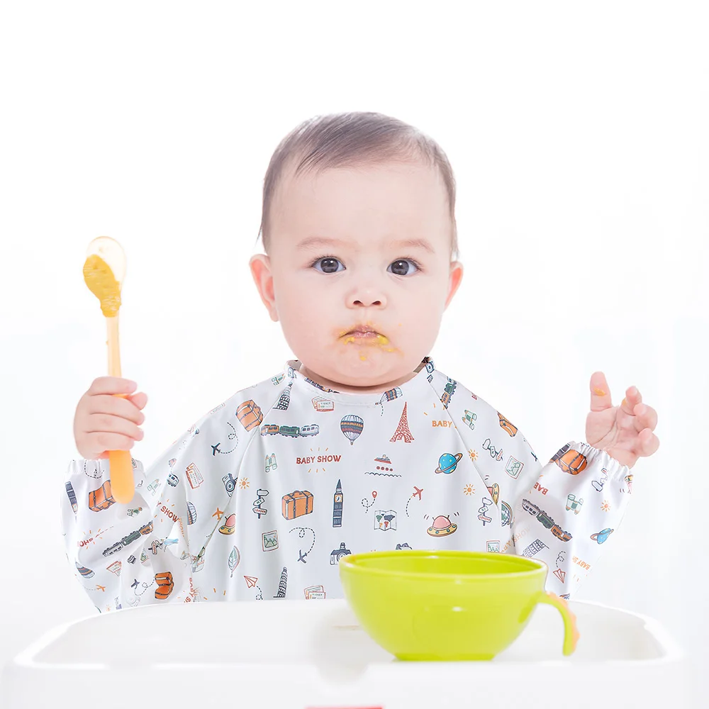 

Children PU Long Sleeves Bibs Babies Toddler Waterproof Smock Newborn Eating Feeding Apron With Pocket Boy Girl Burp Cloth Smock