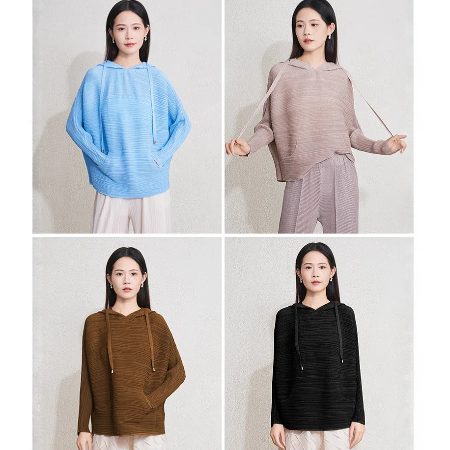 

Miyake Folds 2025 Spring and Autumn New Sweater Tops Women Loose Large Size Casual Fashion Matching T-shirt Hooded Knitwear
