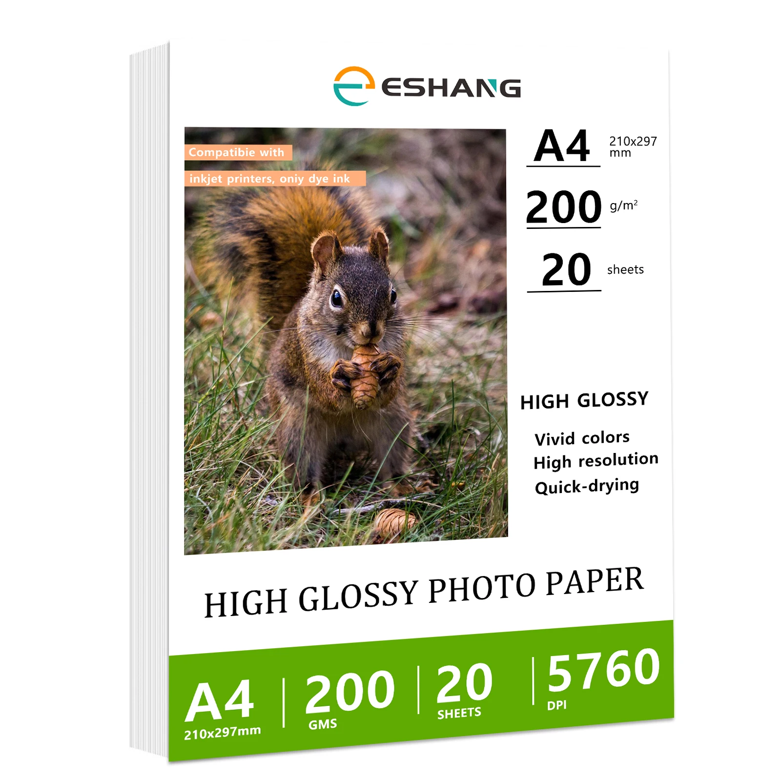 20 Sheets 200Gsm 53Ib A4 Size（8.3x11.7 Inches ） High Glossy Photo Paper For Inkjet Printer