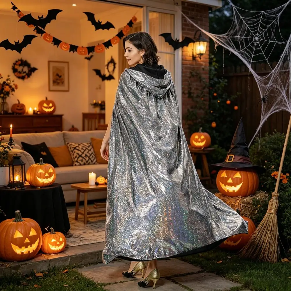 Shiny Fabric Hooded Cape Mysterious Sparkly Unisex Hooded Cloak for Halloween Masquerade Party Mardi Gras Costume