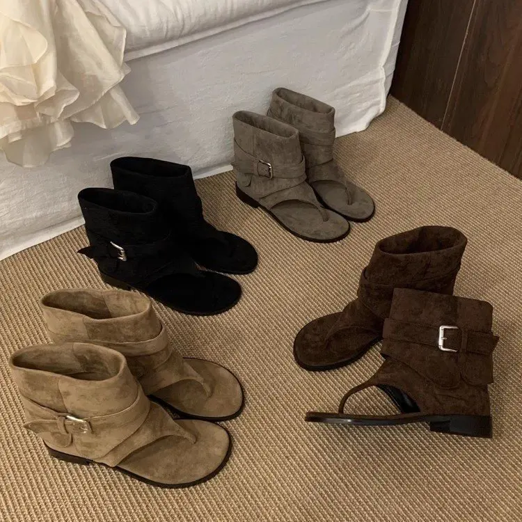 Women Peep Toe Boots Summer New Flip Flops Luxury Vintage Cool Boots Breathable Comfortable Fashion Square Button Sandals