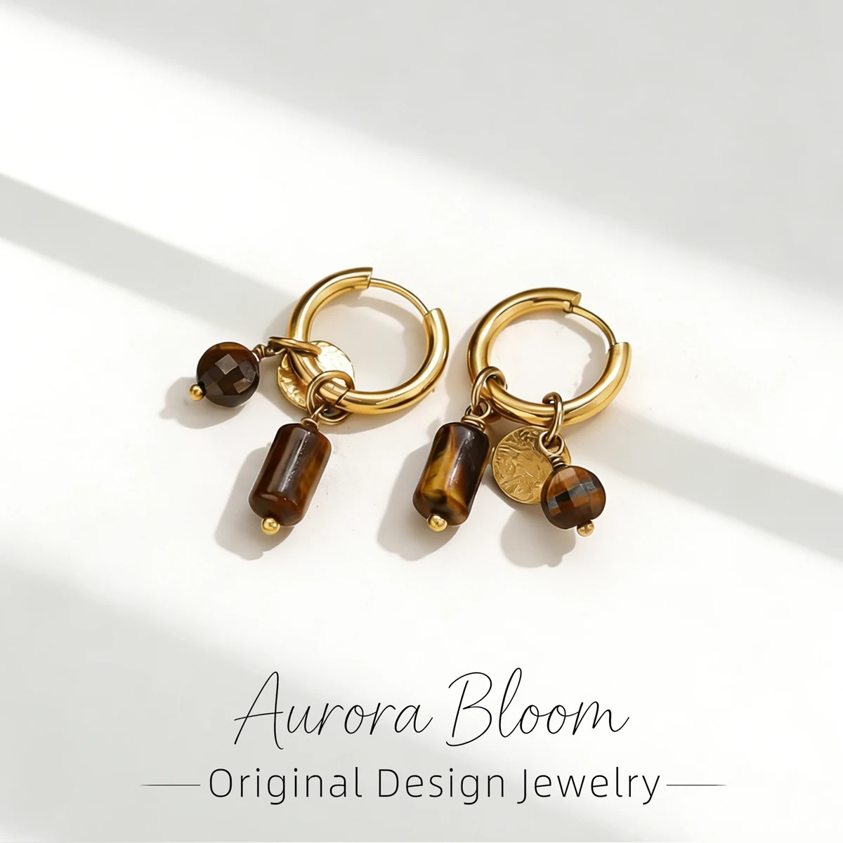 AURORA Böhmische Tigerauge Naturstein Charm Creolen für Damen Vintage Alltag Edelstahl Schmuck Accessoires – Detail 1