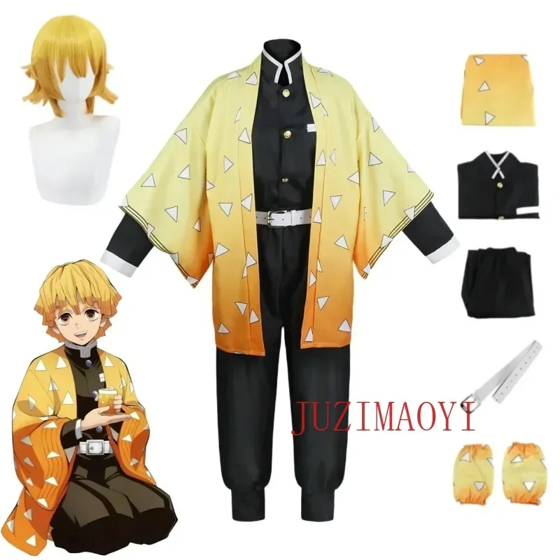 

Anime Agatsuma Zenitsu Cosplay Costume Kimono Halloween Clothes Party Uniform Wig Women Kids