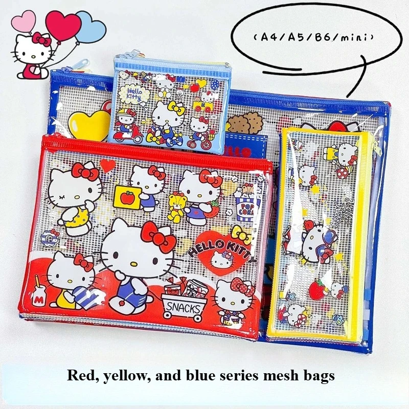 Kawaii Hello Kitty Mesh Cosmetic Bag Cute CartoonKT Zipper Pouch Pencil Case Makeup Storage Organizer Travel Bag Gift HelloKitty