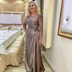 Luxury Evening Dress Long Sleeves Illusion Beading V Neck Satin Women's Formal Gown Brown A Line Draped Wedding Party Dresses