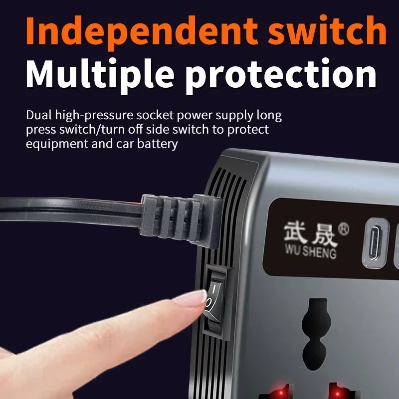 Portable Vehicle Power Inverter 200W 12V 24V To 220V Multi Ports Charging Adapter with Independent Switches Voltmeter Display
