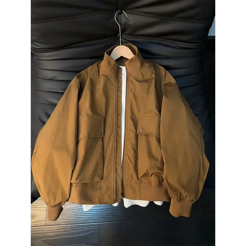 Men's Brown Workwear Flight Jacket Spring Autumn Three-Proof Short Baseball Coat Loose Fit Button Decorated Polyester Jacket