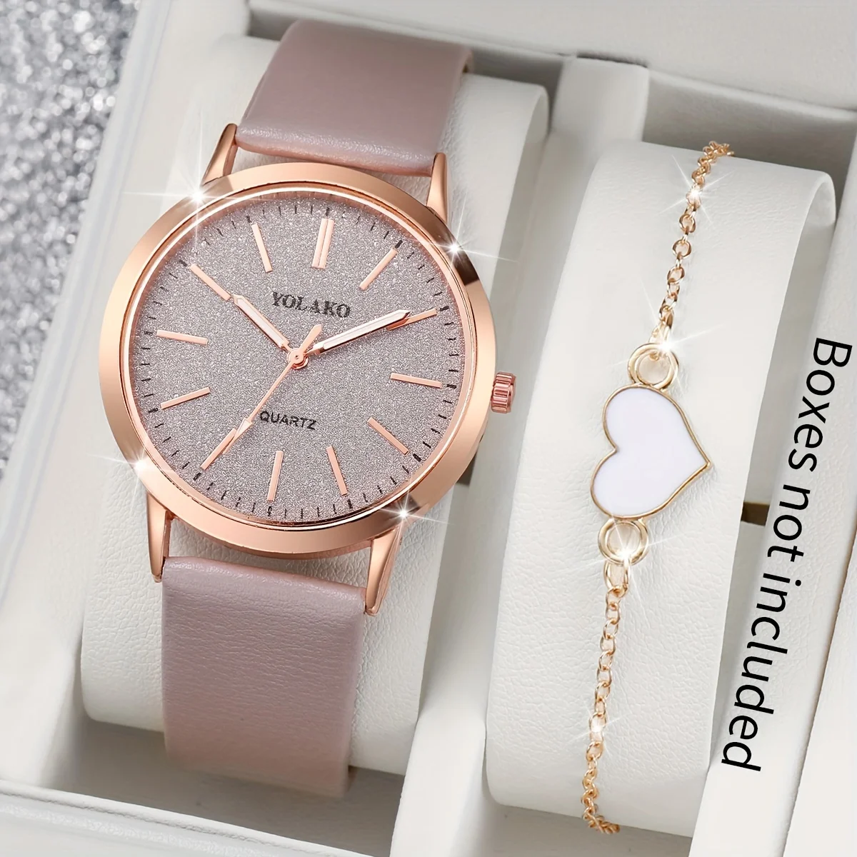 

2 Pcs Quartz Watches PU Leather Strap Zinc Alloy Pointer And Heart Bracelet Jewelry For Women Not Include Watch Box