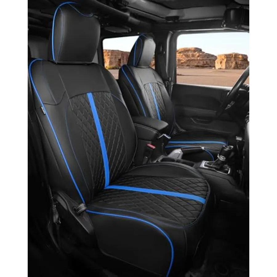 

Чехлы для сидений Jeep Wrangler 4-дверные JL 2018-2026, полный комплект, на заказ, роскошные, водонепроницаемые, кожаные, черные, синие