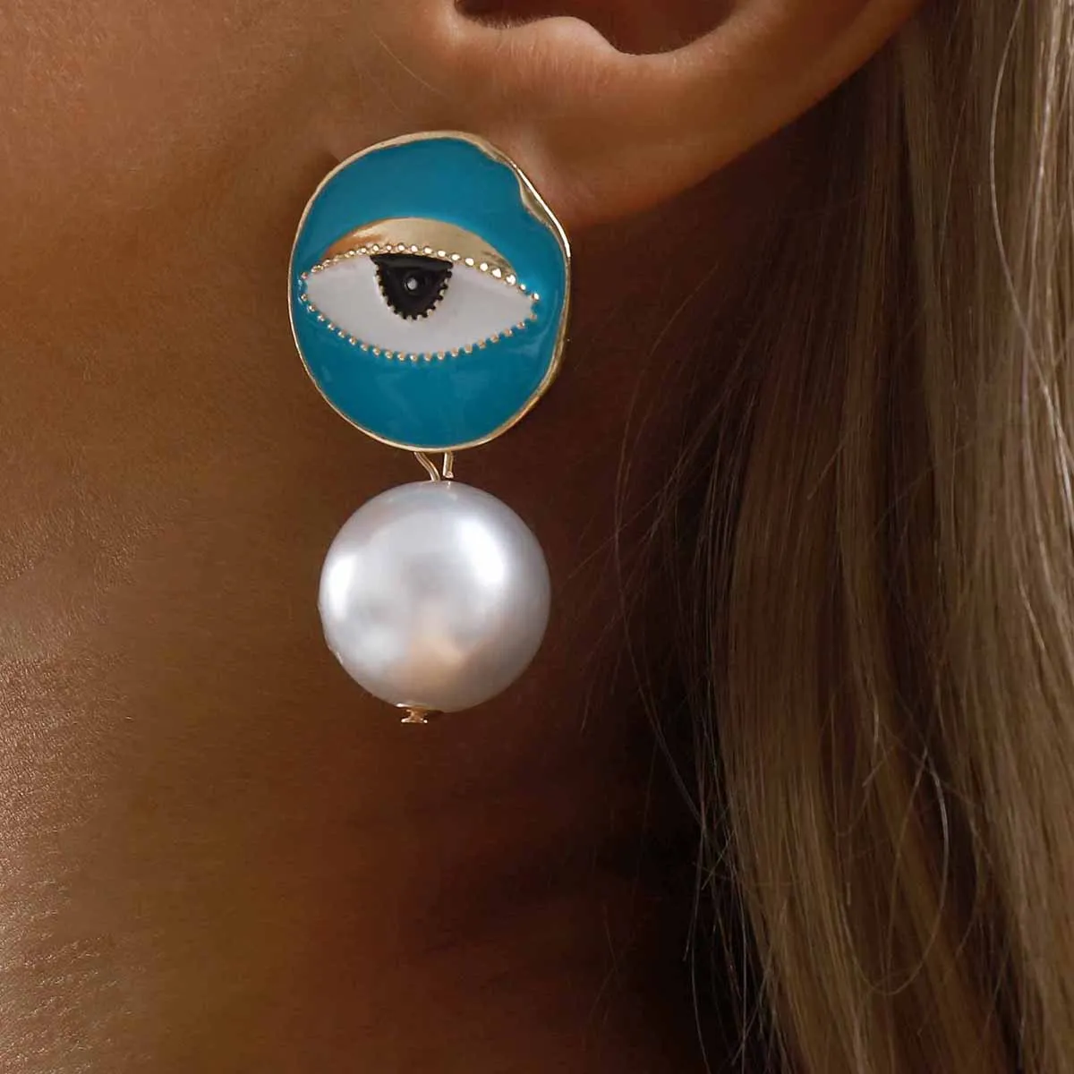 Exaggerated Blue Gaze Gold Trim Drop Pearl Bead Earring Mediterranean Style Statement Ear Stud Oversized Party Costume Jewelry