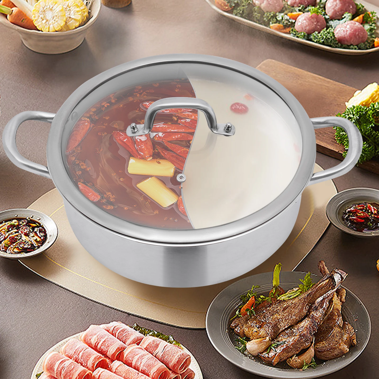 وعاء ساخن بمقصورة مزدوجة من الفولاذ المقاوم للصدأ 304 مقاس 118 بوصة مع غطاء زجاجي وأواني للطبخ العائلي بنكهتين للحساء في وقت واحد