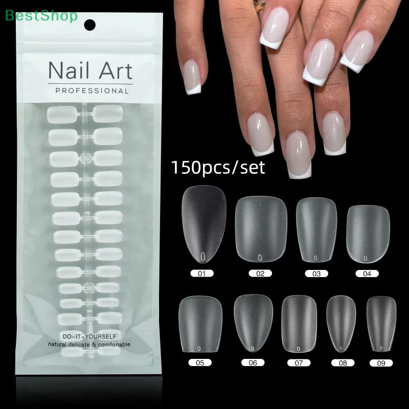 150 pezzi stampa senza soluzione di continuità su punte per unghie finte copertura completa trasparente punta per unghia smerigliata lunga bara mandorla unghie artificiali