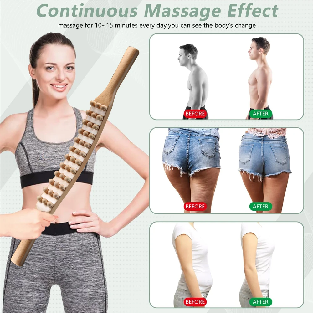 Wood Therapy Massage Tool, Massageador de Drenagem Linfática, Handheld Massage Stick, Costas, Perna, Corpo, Relaxe, 36 Beads, 1Pc