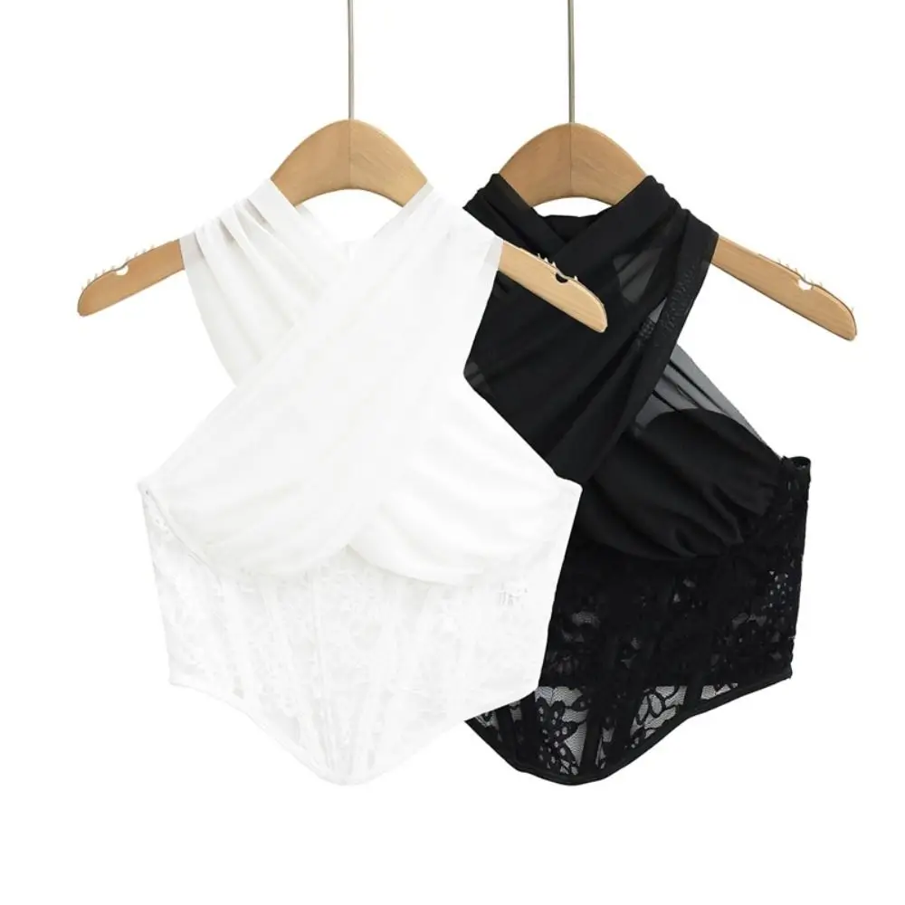 Mesh Lace Camisole Transparent Sleeveless Neck Halter Crop Tops Spicy Girl Style Slim Fit Fishbone Corset Camisole Travel