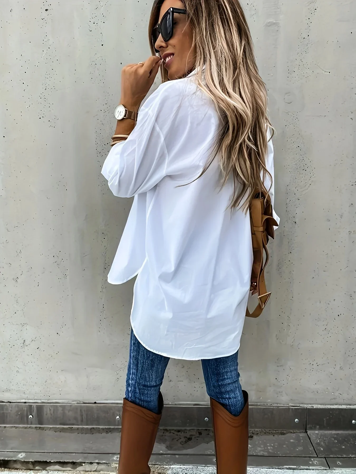 Fashion Plus Size Women\'s Versatile Solid Color Shirt Lapel Pocket Decoration Shirt Casual Loose and Simple Long Sleeved Shirt