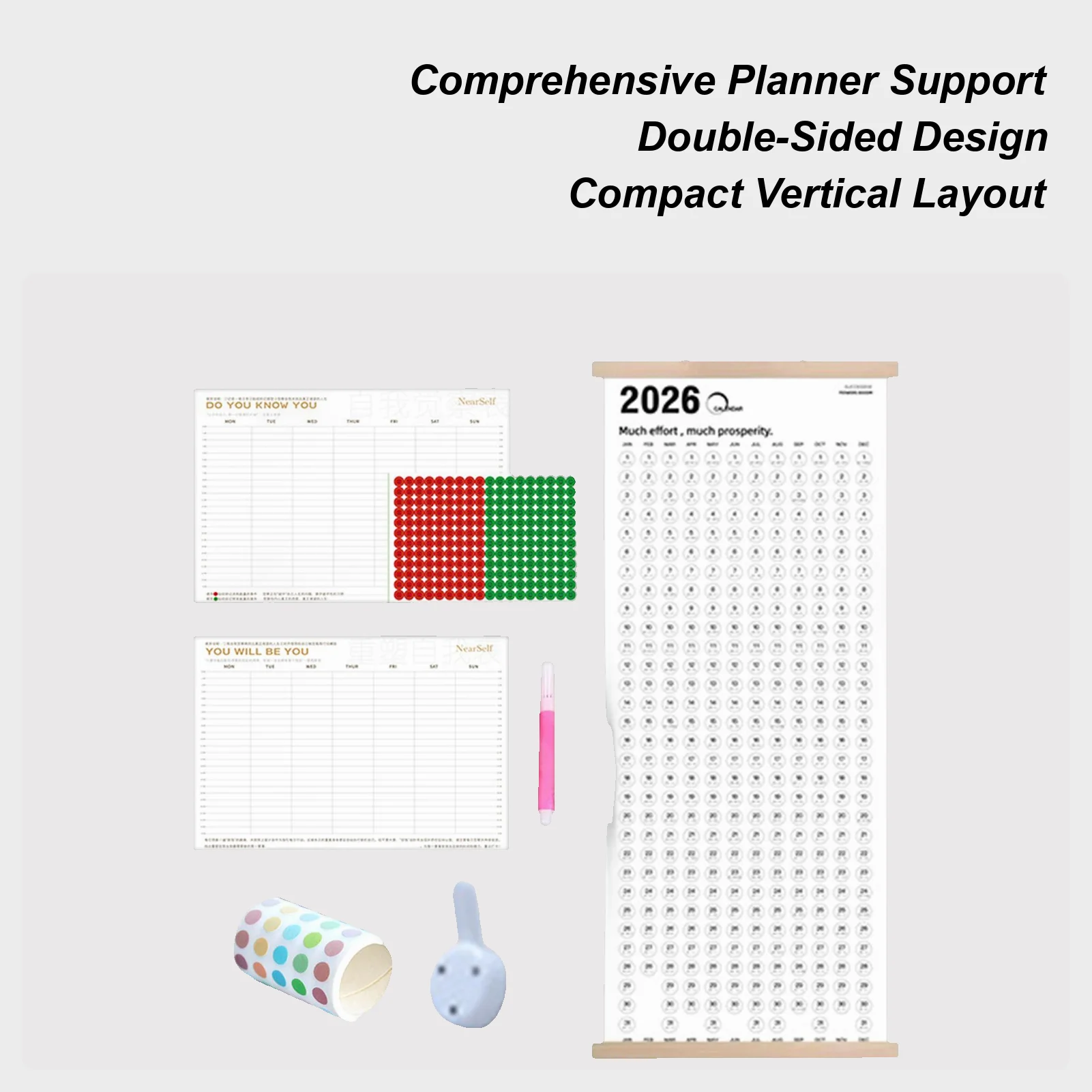 

2026-2027 Настенный двусторонний календарь с простым деревянным расписанием Большой настенный календарь с наклейками Ручка Ежемесячный планировщик