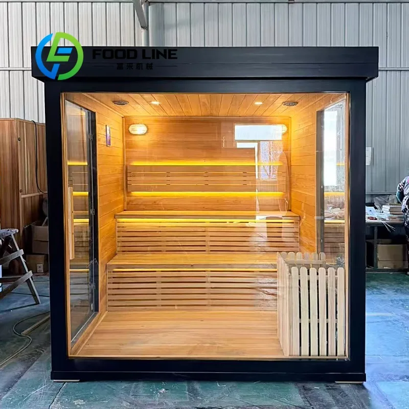 Multi Person Outdoor Sauna Room Symmetrical Internal Layout Comfortable Seat Design For Friend Gathering Family Leisure And Rest