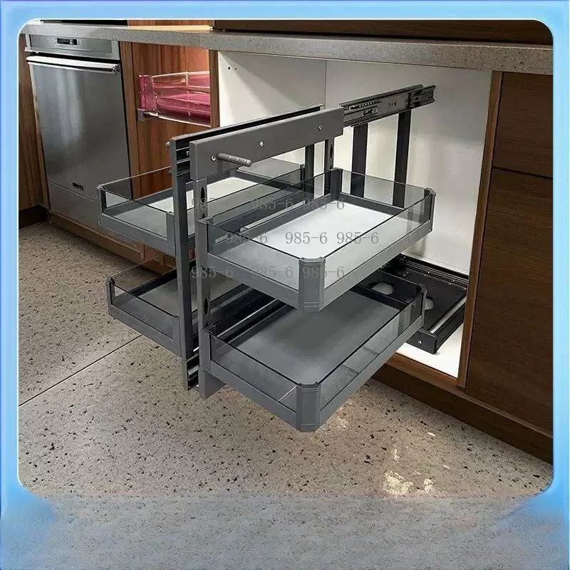 Kitchen Tempered Glass Seasoning Basket Drawer Style Storage Rack Cabinet Corner Pull-out Basket