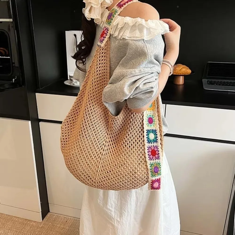 Nuevo Bolso Tote de Ganchillo de Gran Capacidad con Correa Bordada, Bolso Tejido Ligero con Diseño de Flores, Bolso de Mano Tejido para Mujer