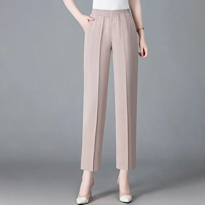 Women's Clothing Solid Color Rivet Elastic Pockets High Waisted Casual Fashion Trousers Straight Trouser Suits Trendy Pants