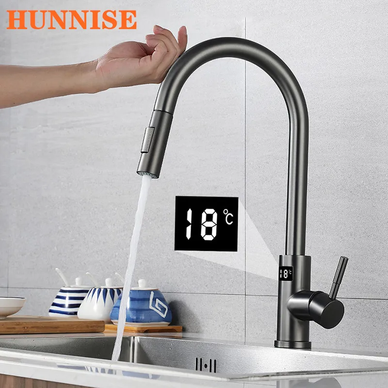 Grey Digital Touch Kitchen Faucets with Pull Down Sprayer Hot Cold Pull Out Kitchen Sink Mixer Tap Sensor Digital Kitchen Faucet