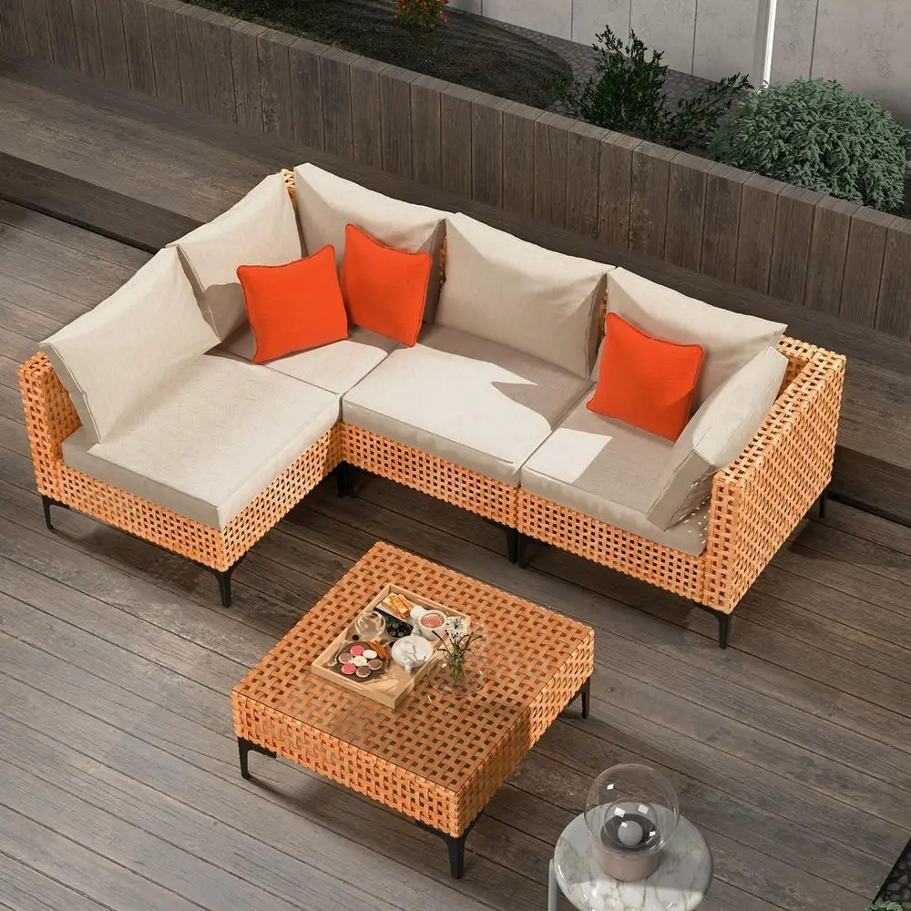 

Salmon & Orange Wicker Patio Sectional Sofa Set with Cushions for Outdoor Balcony, Porch, or Deck
