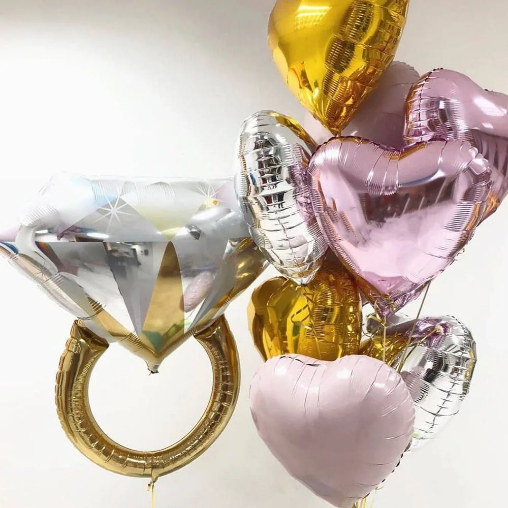 Anillo De diamantes De oro rosa, globos De aluminio, globos De corazón, decoración romántica para fiesta De cumpleaños, Día De San Valentín, juguetes De amor para niña