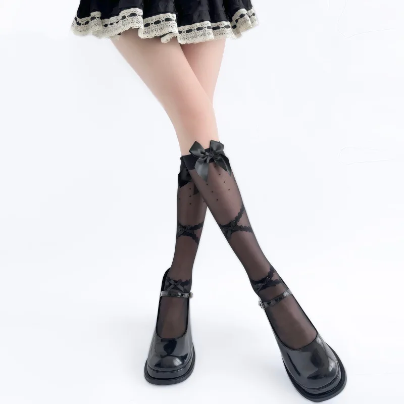 Cute Girls Lolita Mid‑Calf Slouchy Socks Spring Summer Thin Japanese‑Style Lace Mesh Socks decorated Delicate Sweet Bow Ornament