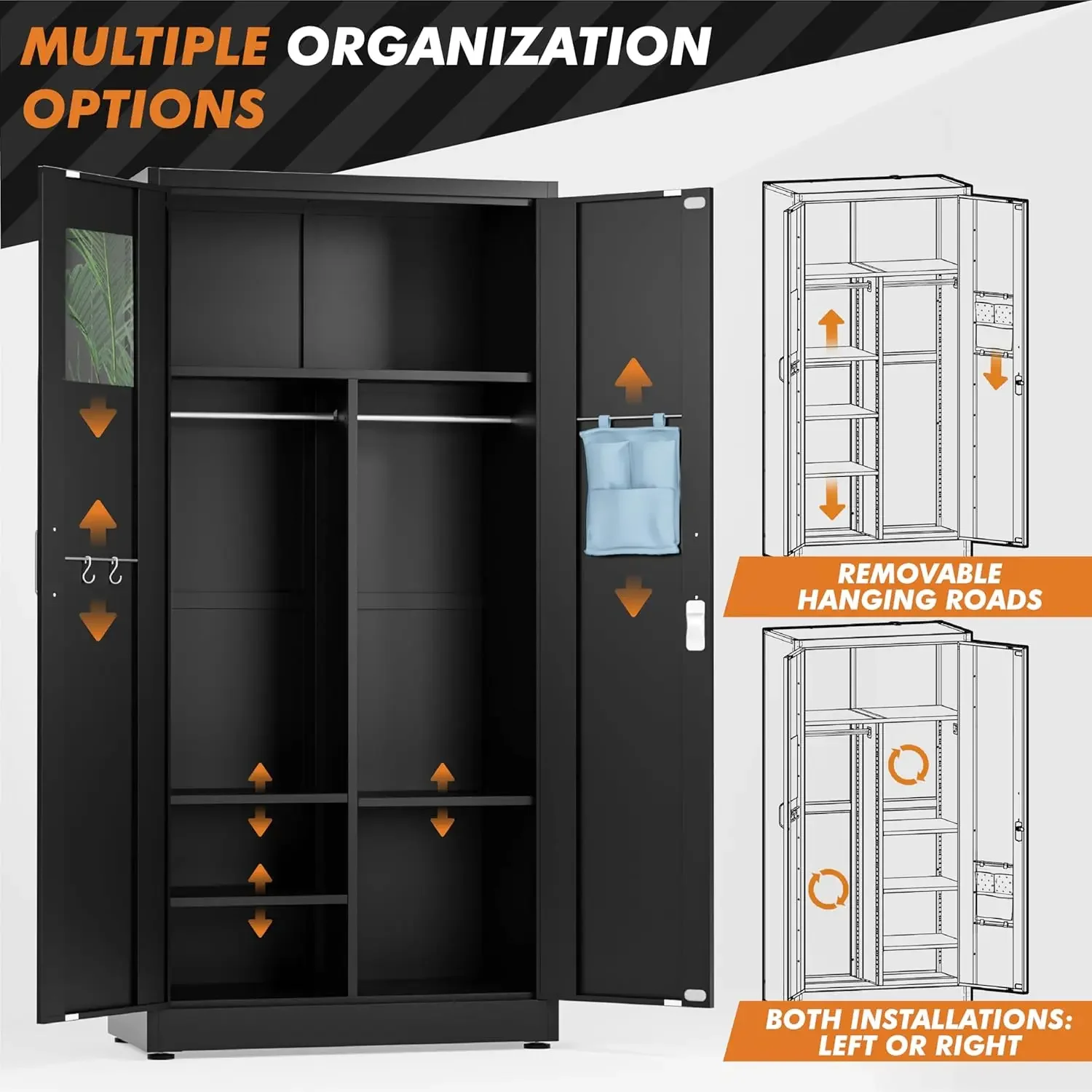 72" Metal Wardrobe Armoire Closet Cabinet with Key Lock, Adjustable Shelves, Hanging Rods, and Mirror - Lockable Steel Storage L