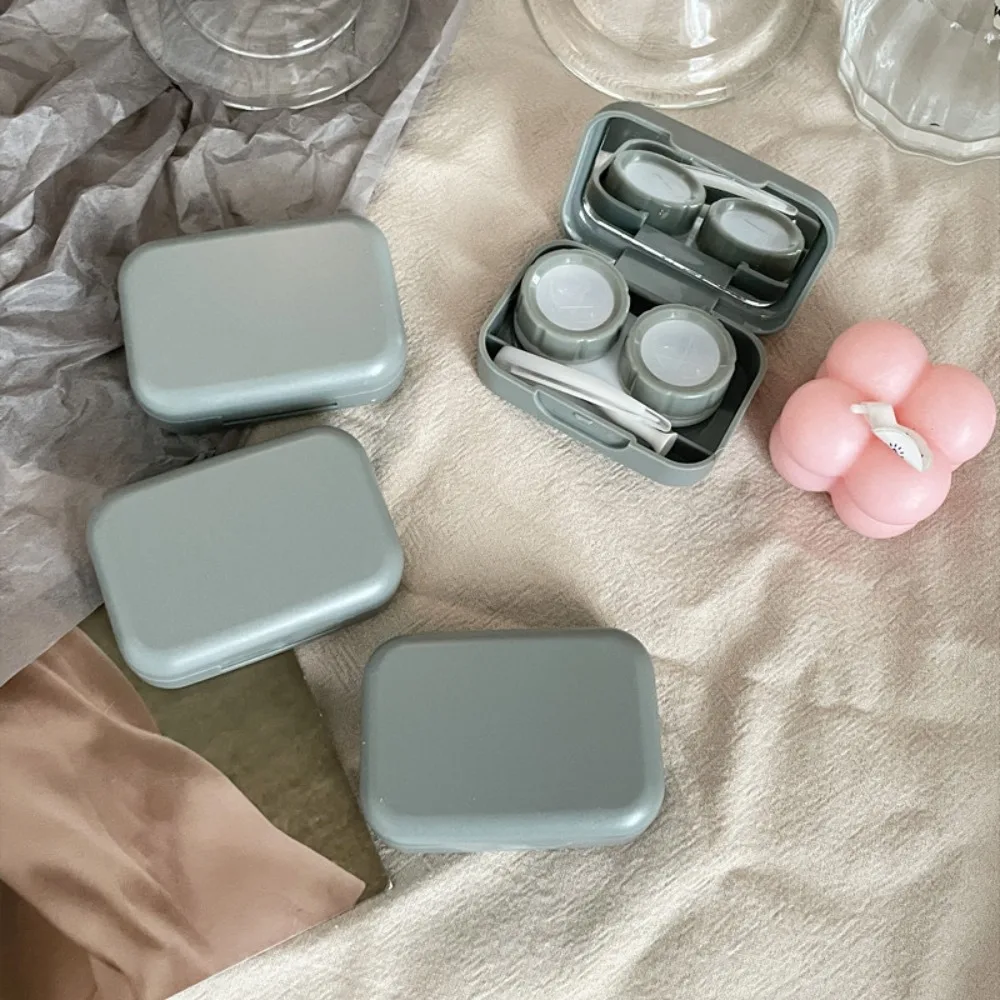 Macaron Color Contact Lens Case Kit Mini Square with Tweezers and Suction Stick Contact Lens Inserter Solid Color with Mirror