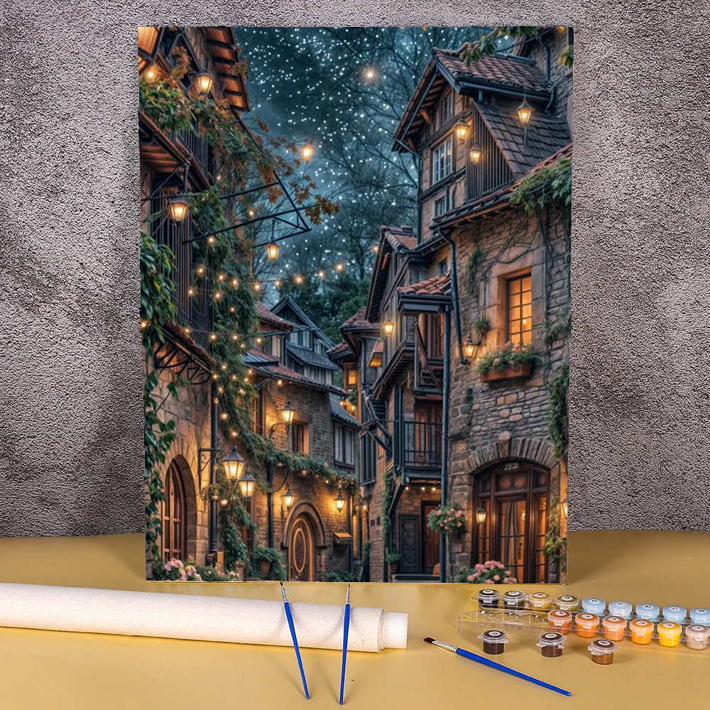 

Starry Sky Town Picture Painting By Numbers For Adults DIY Kits HandPainted On Canvas Frameless Oil Drawing Coloring By Number