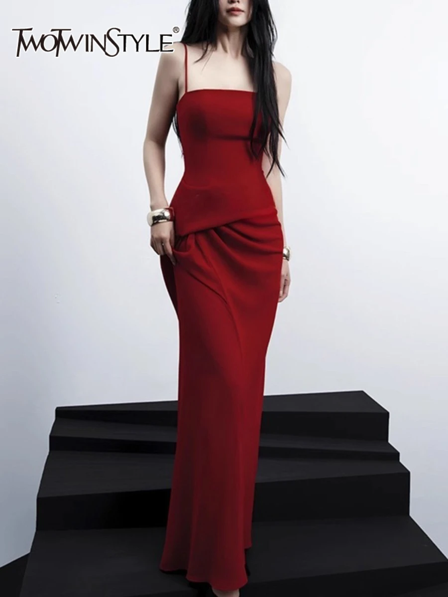 

TWOTWINSTYLE Solid Slimming Spliced Folds Elegant Dresses for Women Square Neck Sleeveless Temperament Dress Female Clothing New