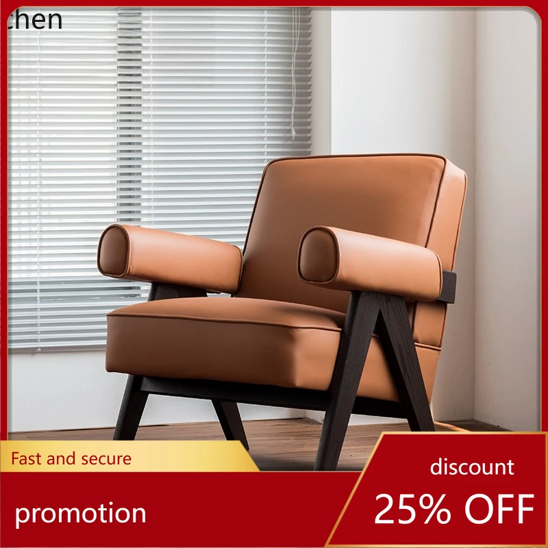 

CZ Vintage Solid Wood Single Sofa Chair Wabi-Sabi Style Furniture Leisure Leather Armchair Sofa