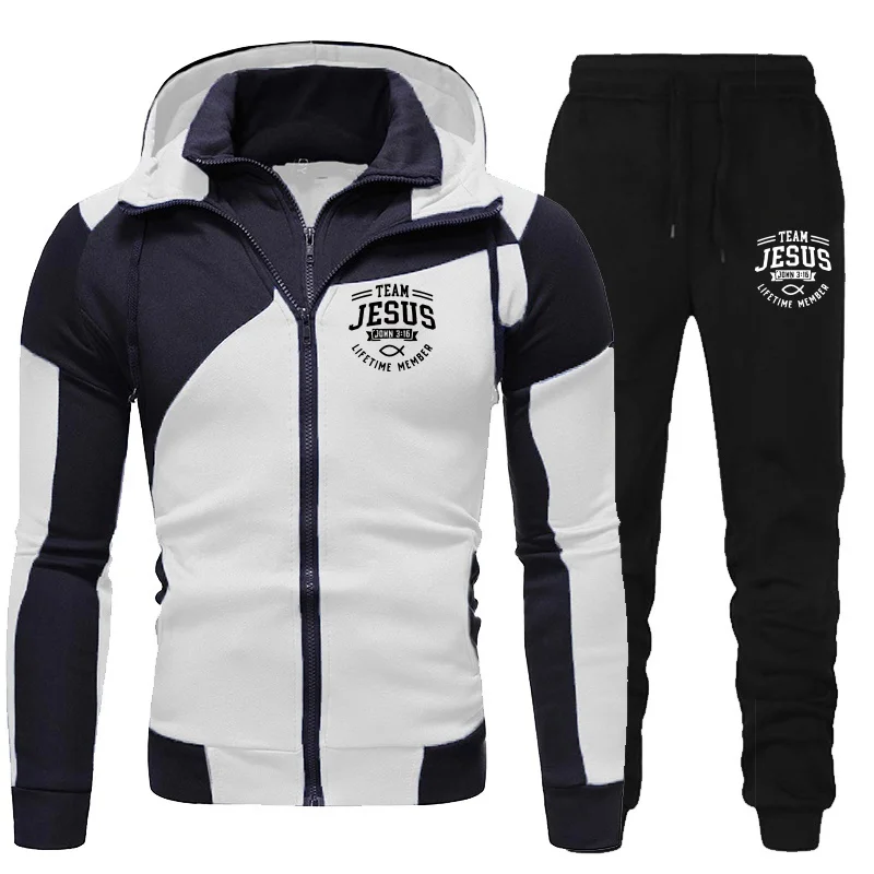 

2026 New Men's Pocket Splicing Double Collar Hoodie Set Loose Casual Fashion Logo Printed Outdoor Sports Set