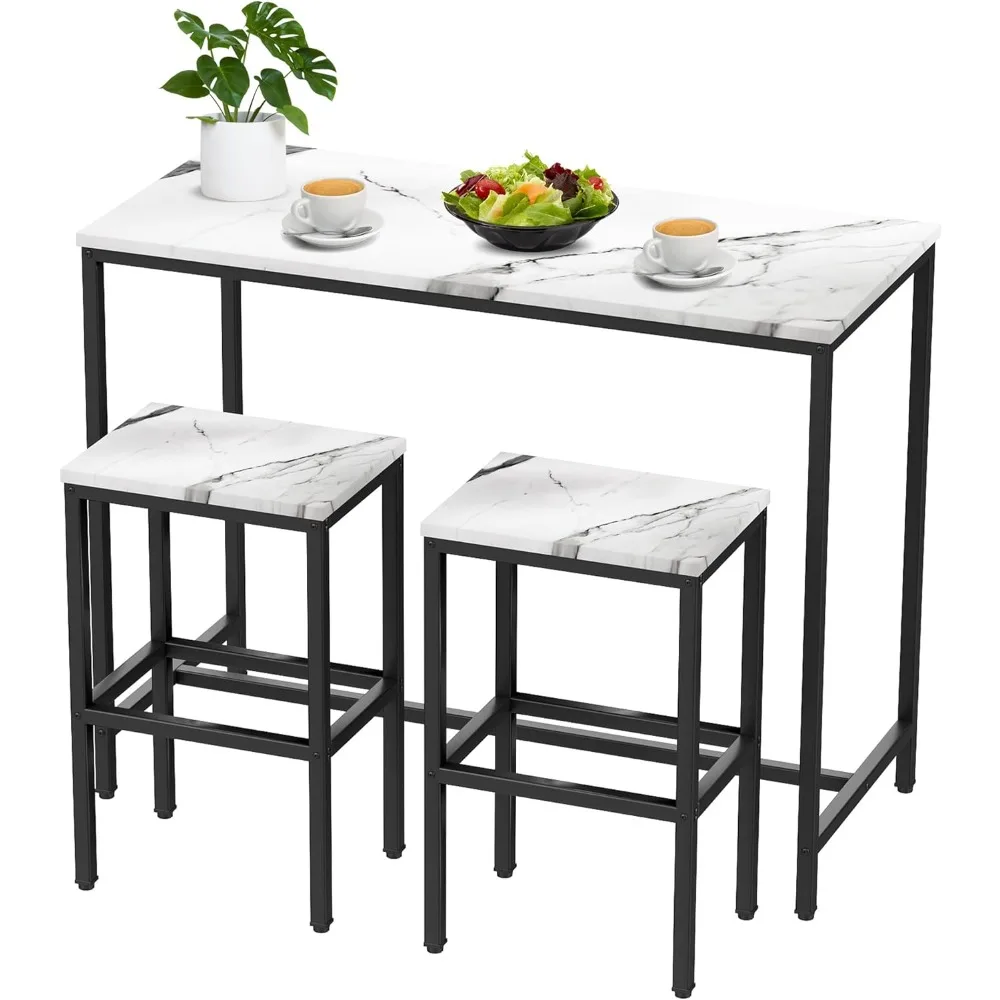

44" White Faux Marble Top Bar Table and Chairs Set,Counter Height Bar Table with 2 Bar Stools,3 Piece Kitchen Bre