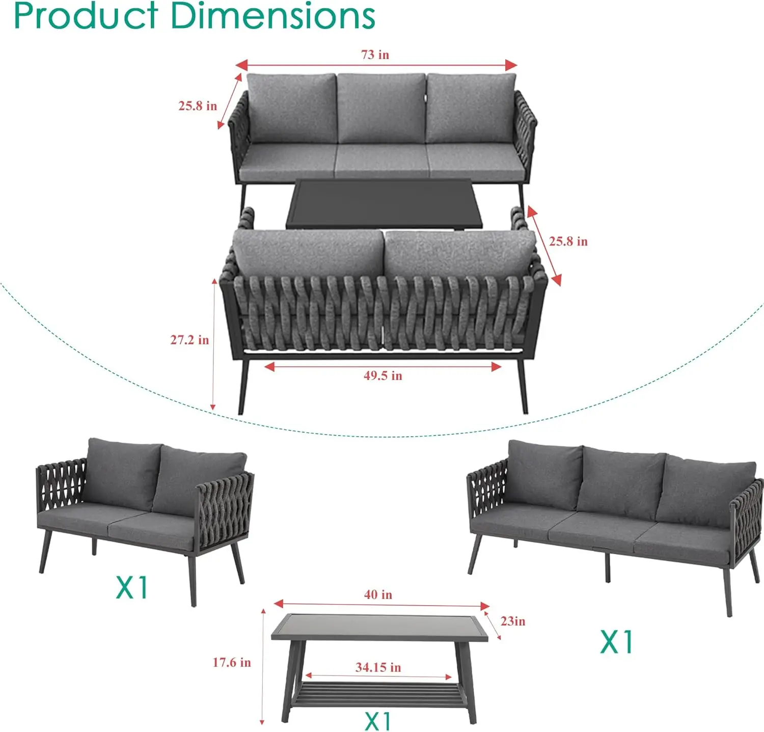 3 Pieces Patio Furniture Set, 5-Seat Outdoor Furniture Woven Sofa Set with Coffee Table, Waterproof Cushion Seating