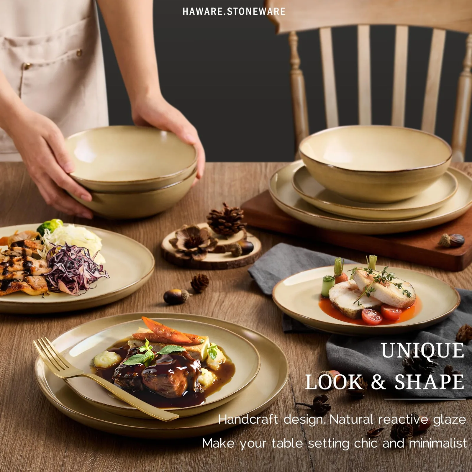 طقم أدوات مائدة سيراميك مكون من 18 قطعة من أواني الطعام الحجرية المطلية يدويًا أطباق وأطباق لتناول الطعام الحديث أدوات مائدة سيراميك أنيقة #5