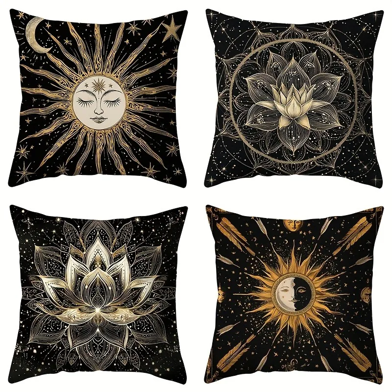 

Наволочка Mystical Sun Moon & Lotus - черное золото с небесным узором и принтом, наволочка для дивана, спальни, гостиной