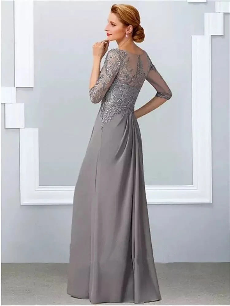 Grigio Chiffon pizzo madre della sposa abiti o-collo mezze maniche volant matrimonio banchetto di nozze mamma abito da sera abiti eleganti nuovo