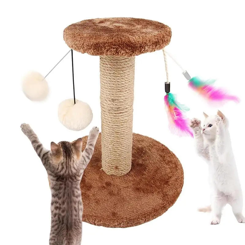 Cat Scratcher Tower Sisal Cat Scratch Toy Post Double Layer Vertical Scratcher With Fluffy Balls And Feather Cat Scratching Post