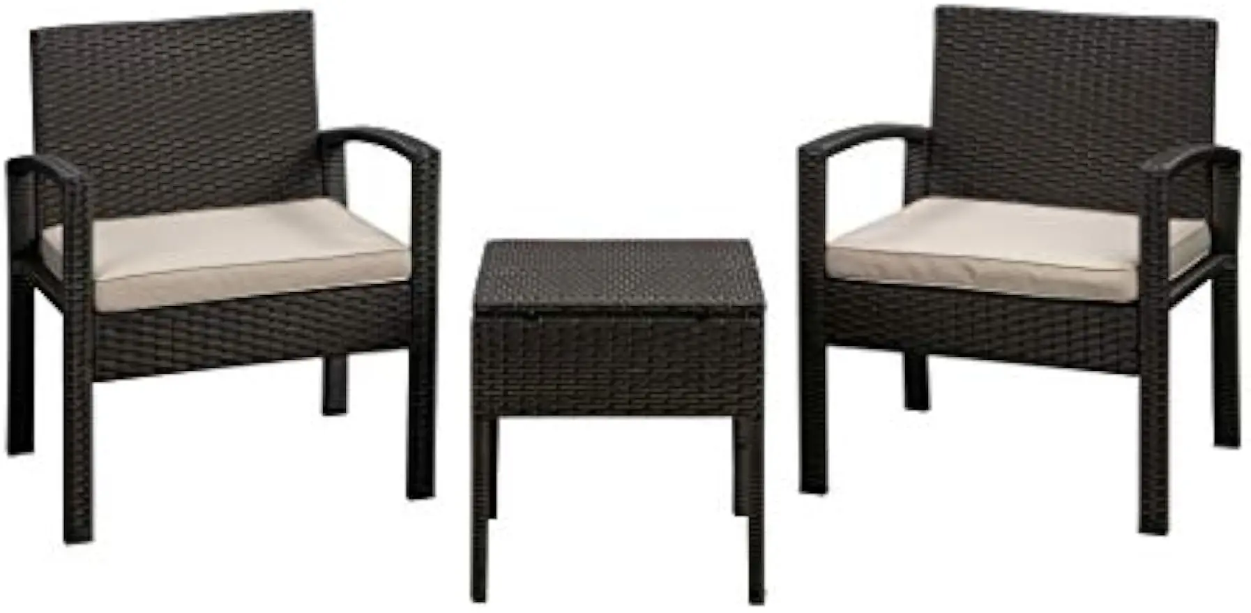 3 Piece Set Mocha All Weather Wicker Include Khaki Cushions Lightweight Durable Armchairs & Occasional Table Outdoor Seating