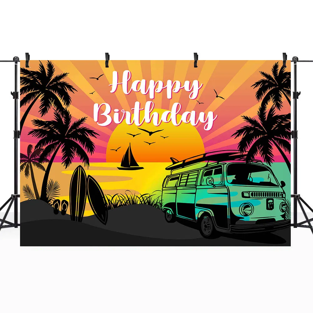 Mocsicka-Fondo de cumpleaños para adultos y niños, telón de playa con Palmera, surf de verano, decoración de fiesta de vacaciones, accesorios de estudio fotográfico