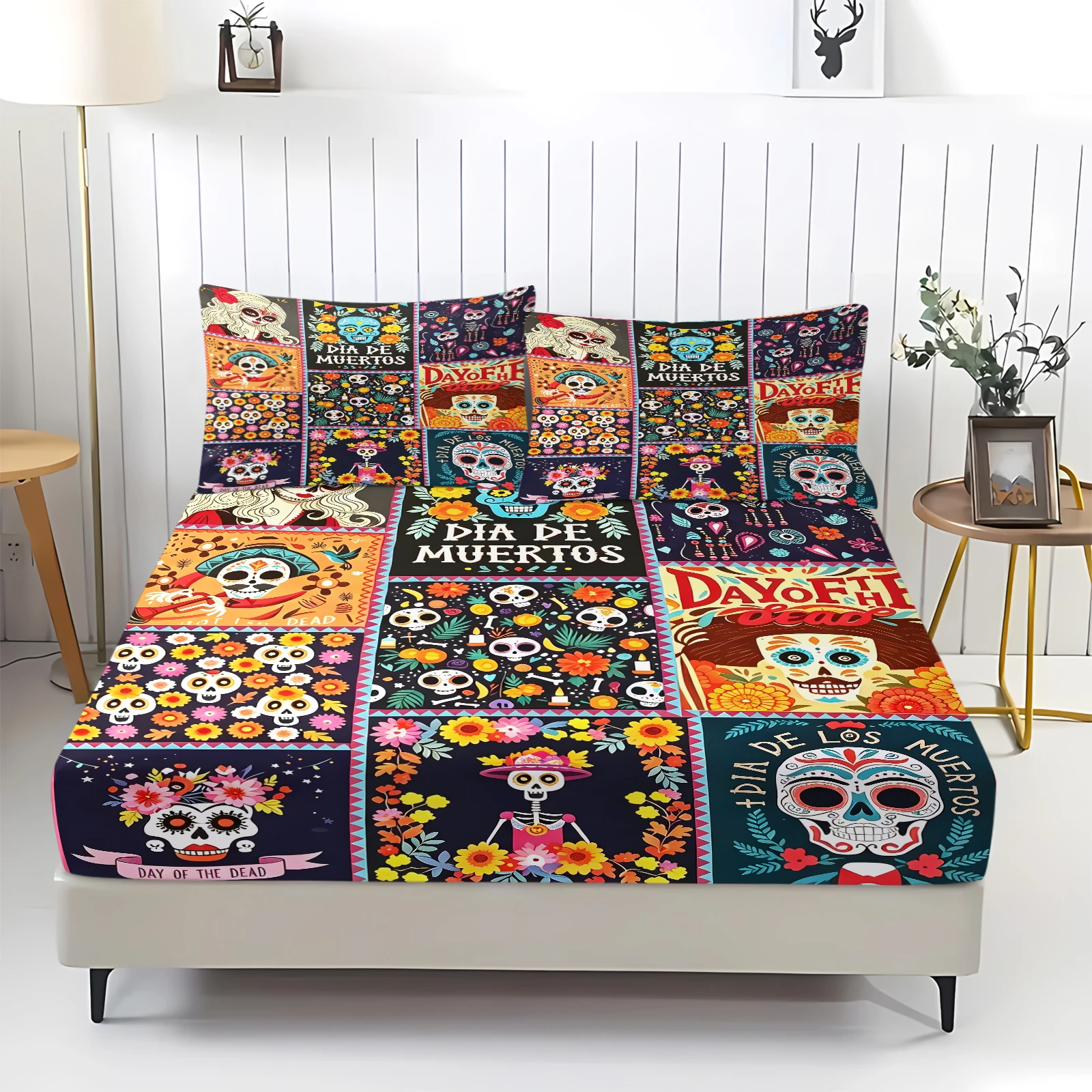 Day of The Dead Fitted Sheet 3‑Piece Set Dia De Los Muertos Sugar Skull Floral Patchwork Elastic Deep Pocket Mattress Cover