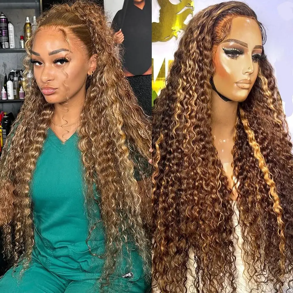

30 36 inch Highlight Deep Wave Wig Human Hair 13x6 Hd Lace Frontal Wig 200% Density 4/27 Ombre Honey Blonde Curly Human Hair Wig