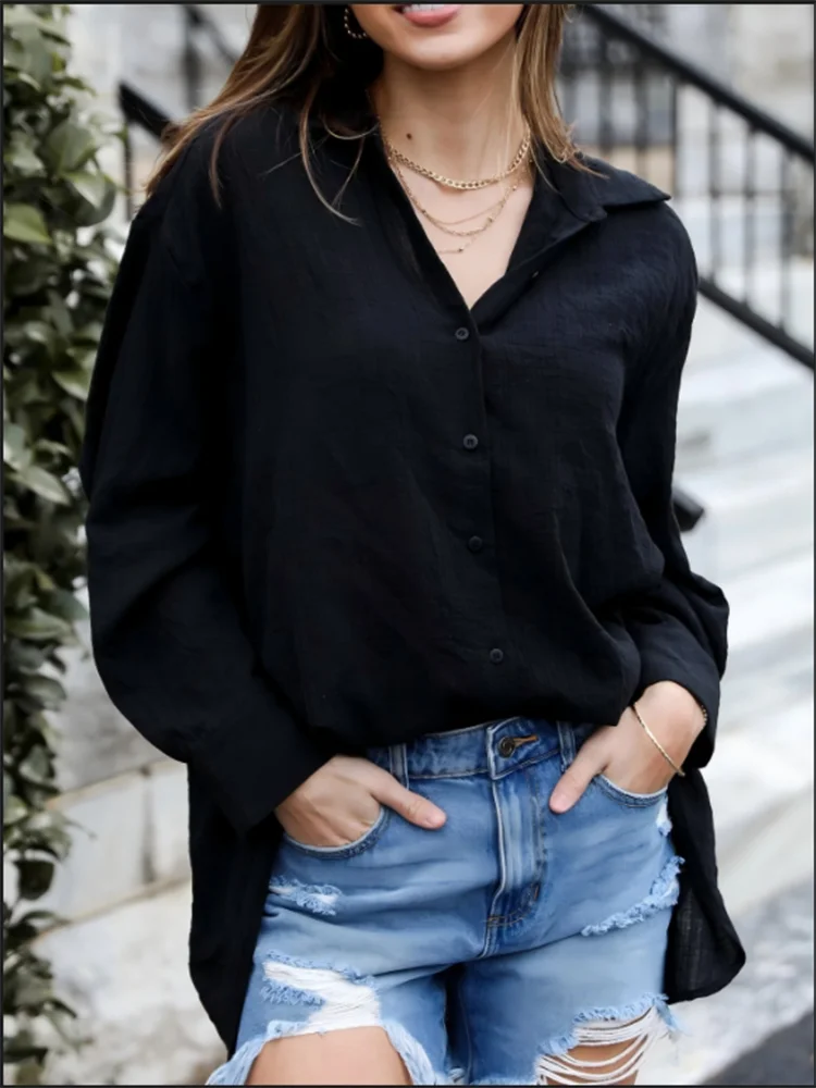 Women's Solid Color Casual Long Sleeved Button Down Collar Shirt Daily Office Elegant Commuting Style Autumn Top