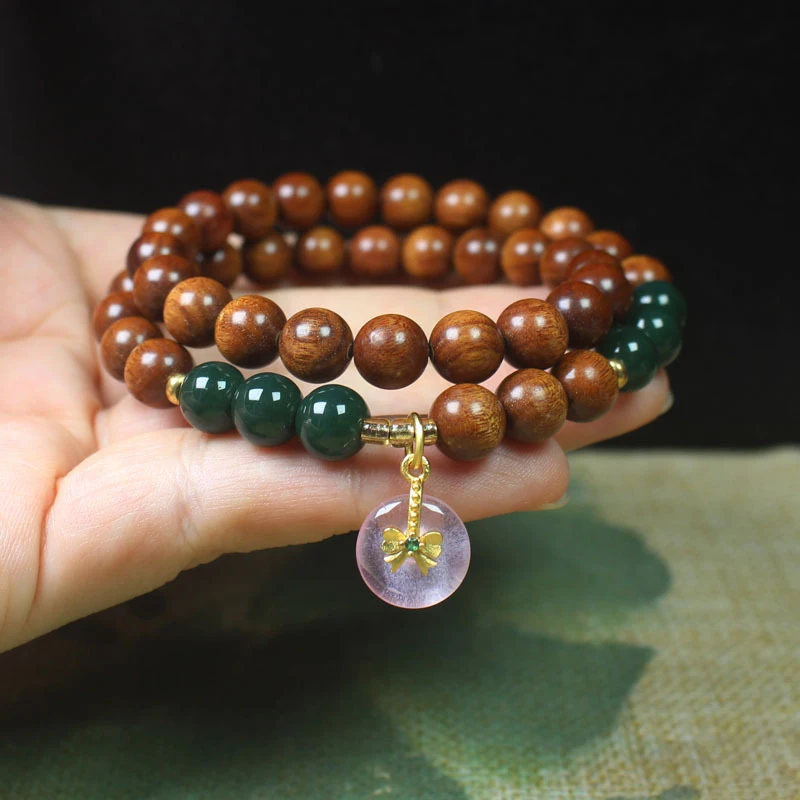 Large-leaf yellow rosewood 0.8 double-loop bracelet with pink peace pendant, women's collectible prayer and Buddhist beads
