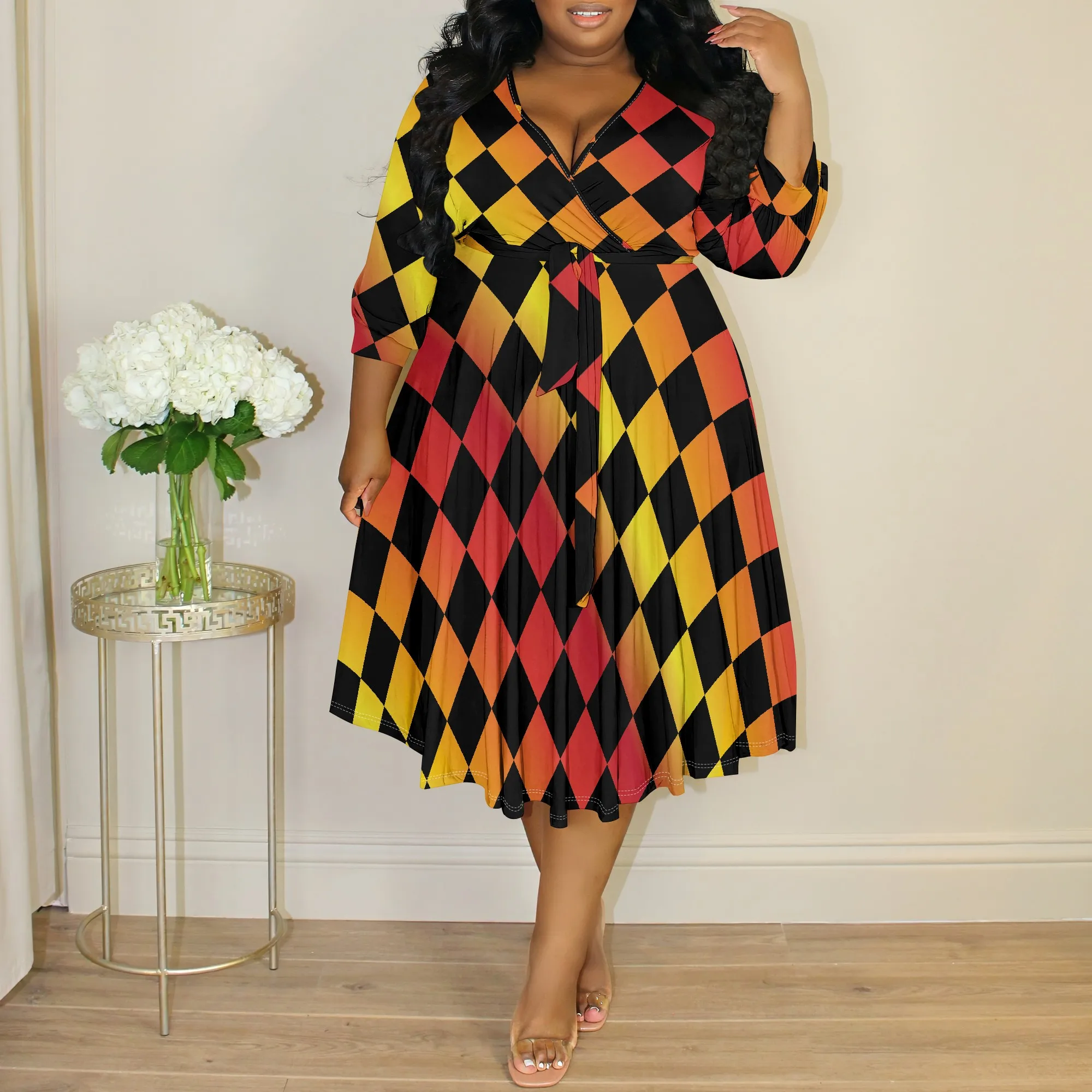 

Plus Size Women's Checkered Print Wrap Dress XL-6XL V-Neck 3/4 Sleeve Pleated A-Line Midi Dress for Cocktail Party