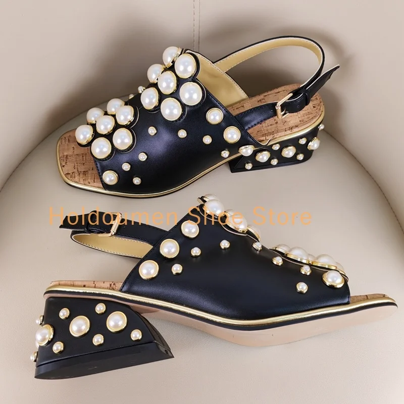Luxury Pearl String Bead Square Toe Vintage Sandal Fashion Slingback Buckle Strap Square Pearl Embellished Heel Gladiator Sandal