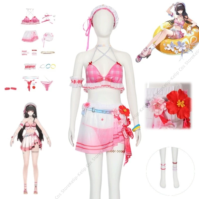 Wuthering Waves Chisa Cosplay Costume Peach Parfait Pink Swimsuit Bikini Set with Skirt Hat Accessories Summer Comic Con Party