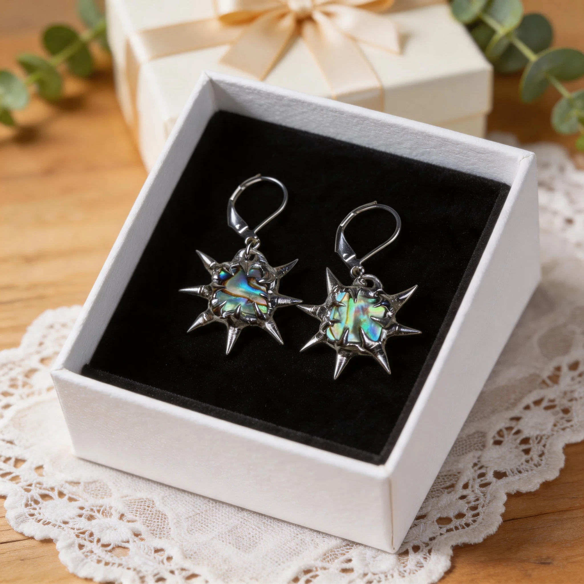 Gothic Punk Square Thorn Spike Earrings Abalone Shell 30mm Iridescent Dangle Drop Statement Earrings Handmade Solder Jewelry